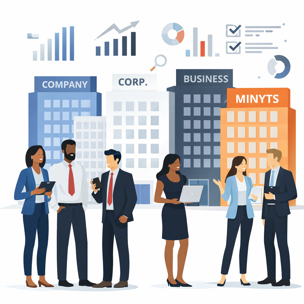 Illustration of business buildings and a team collaborating